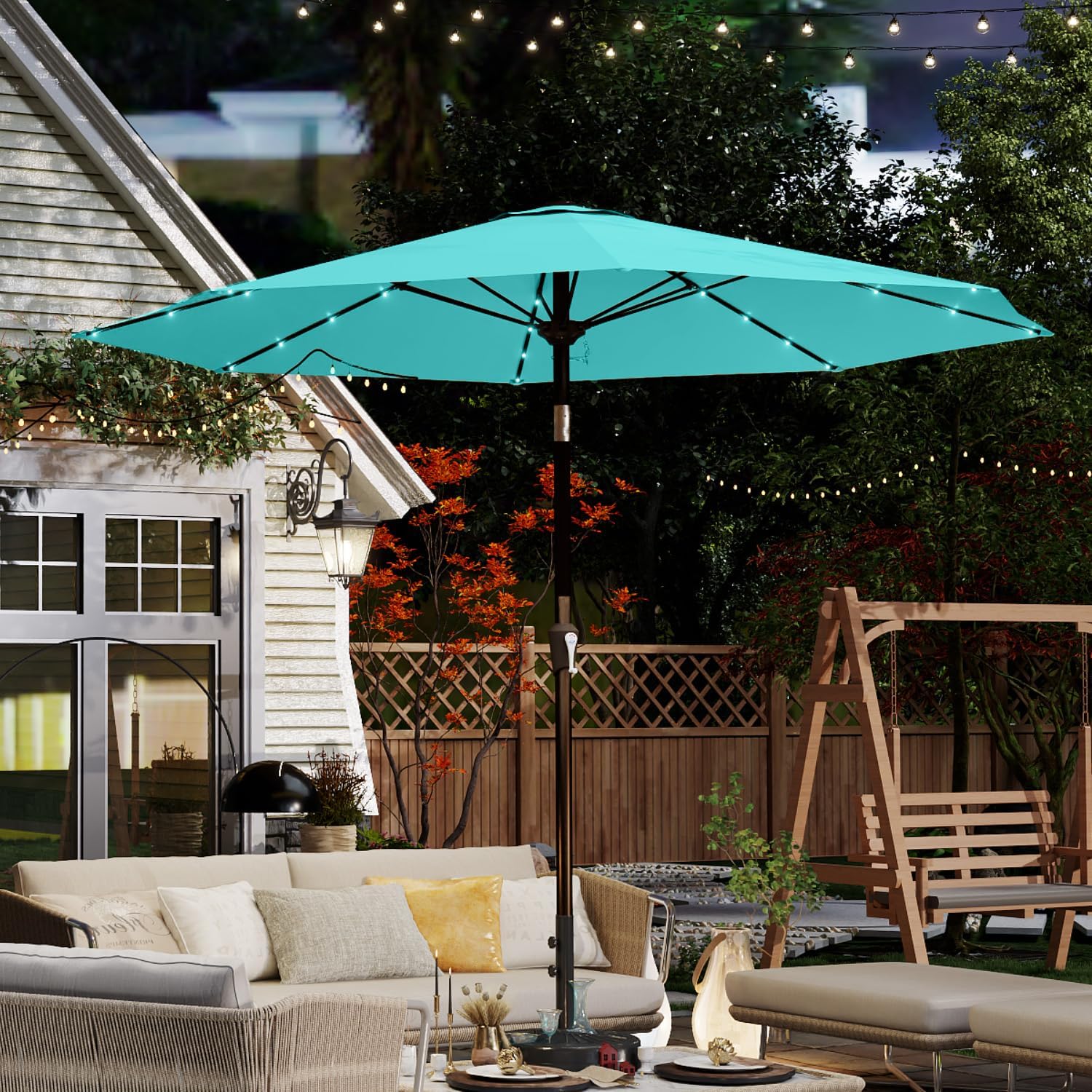 10FT Solar Umbrella 32 LED Lighted Patio Umbrella Table Market Umbrella w/Tilt and Crank, UV-Resistant Outdoor Umbrella for Pool, Garden, Deck, Aqua Blue