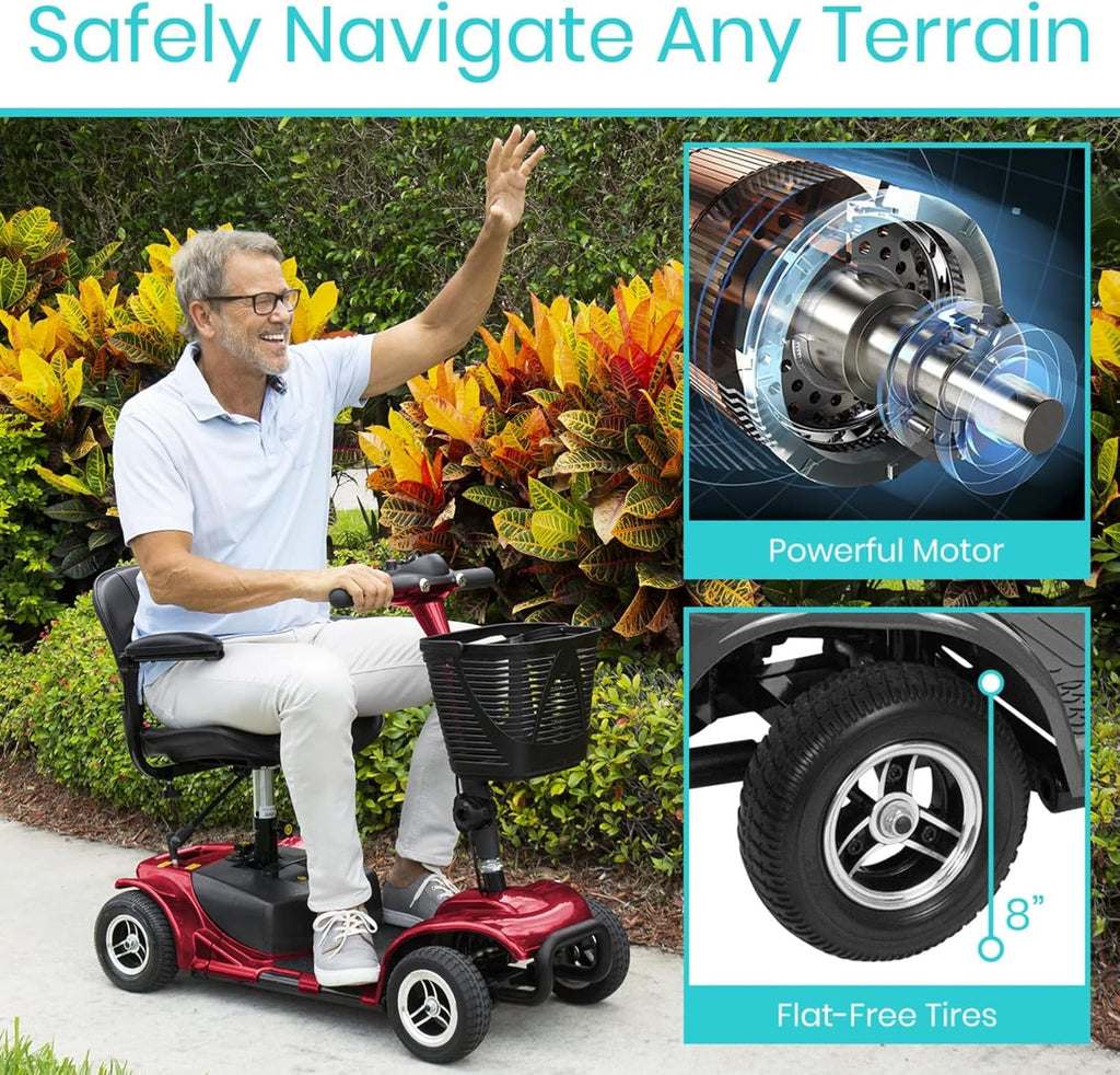 4 Wheel Mobility Scooter - Electric Powered Wheelchair Device - Compact Heavy Duty Mobile for Travel, Adults, Elderly - Long Range Power Extended Battery with Charger & Basket
