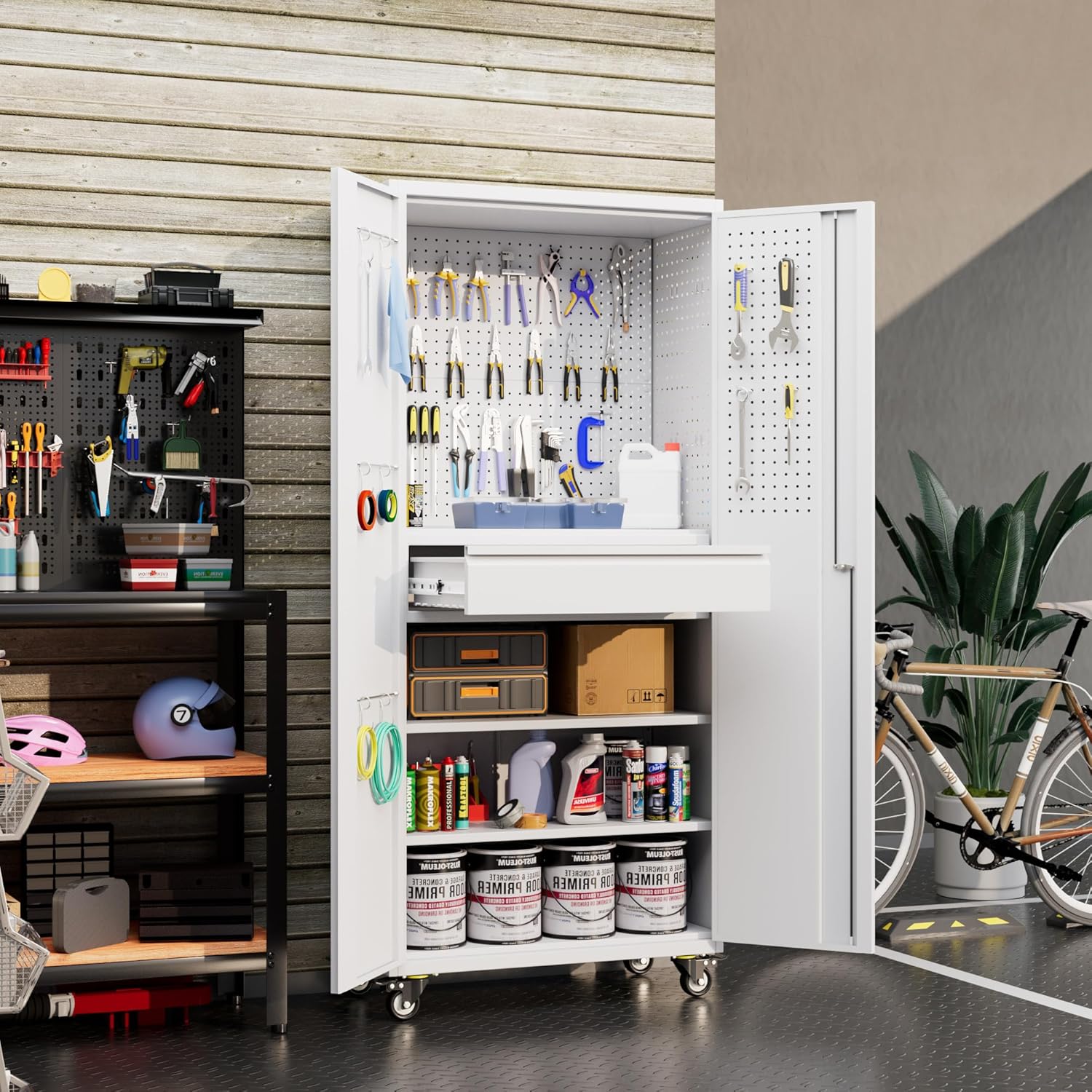 Aobabo Metal Storage Cabinet with Wheels and 1 Interior Drawer, Steel Rolling Tool Cabinet with 16 Hooks and 2 Adjustable Shelves for Garage, Home, Office, Kitchen Assembly Required, White