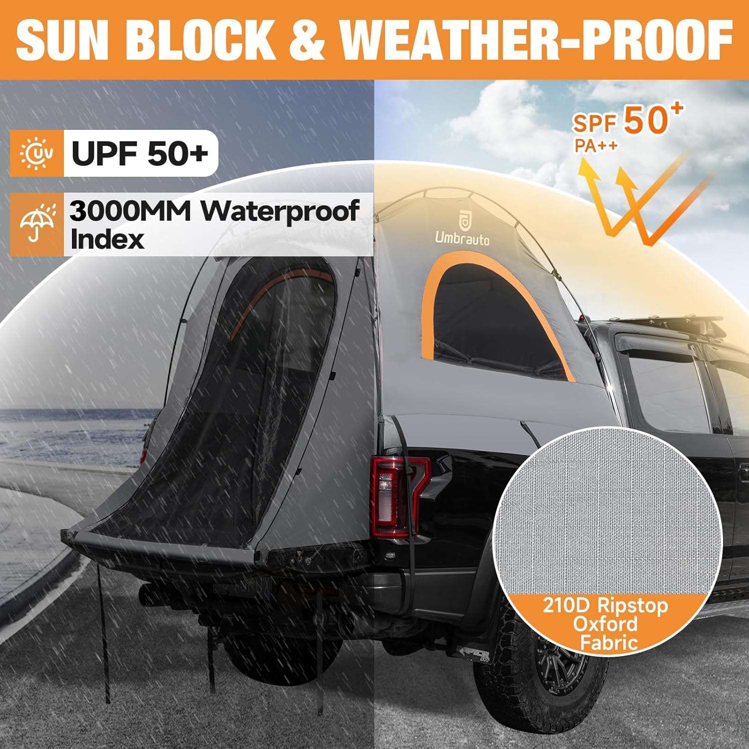 Umbrauto 6.4-6.7FT Truck Bed Tent for 2 Person | 10-Min Quick Setup Waterproof PU3000 Camping Tent for Pickup Trucks