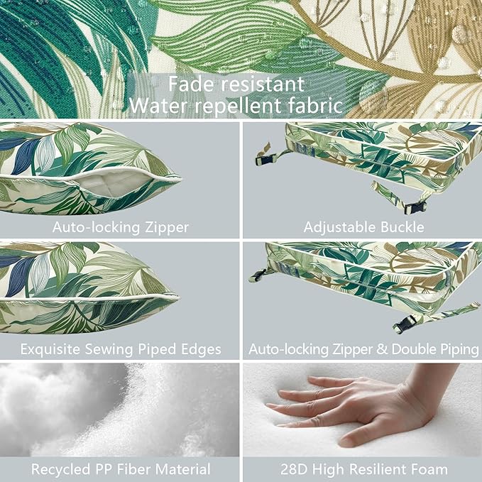 LVTXIII Outdoor Deep Seat Cushion Patio Seat and Back Cushion Set Seasonal Chair Cushion with Removable Cover and Adjustable Buckle for Home and Garden, 22"x22"x4", Lush Leaf Green