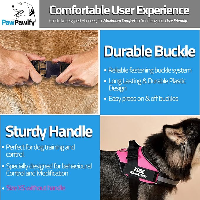 PawPawify Custom No Pull Dog Harness with Name and Phone Number, Heavy Duty Personalized Pet Vest to Prevent Tugging, Pulling, or Choking, Training and Walking (Pink, XS (5-9LBS))