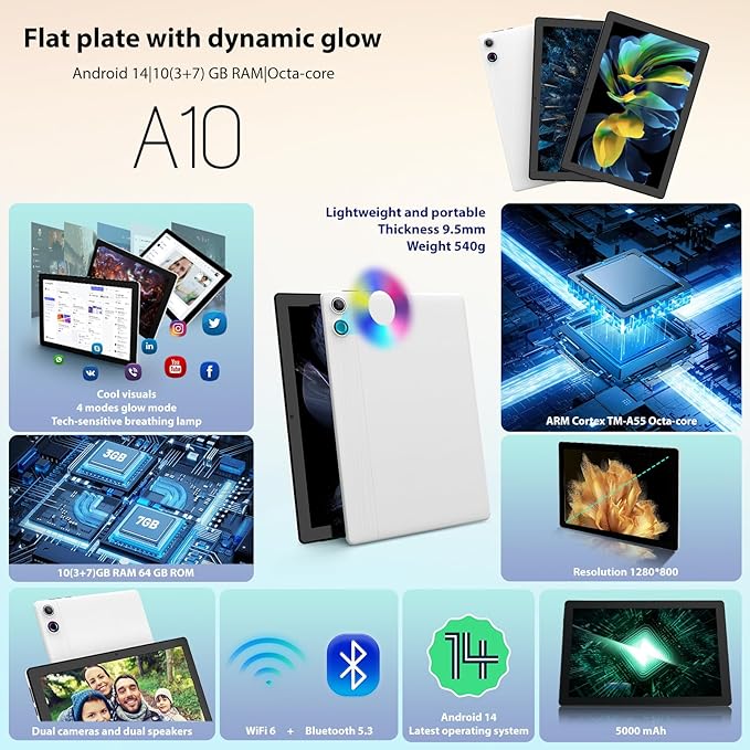 Tablet 10 inch Android 14, Octa-Core, 10GB RAM 64GB ROM 1TB Expandable, Widevine L1, 1280x800 IPS Touchscreen, BT 5.4, Dual Camera with Flash (White)