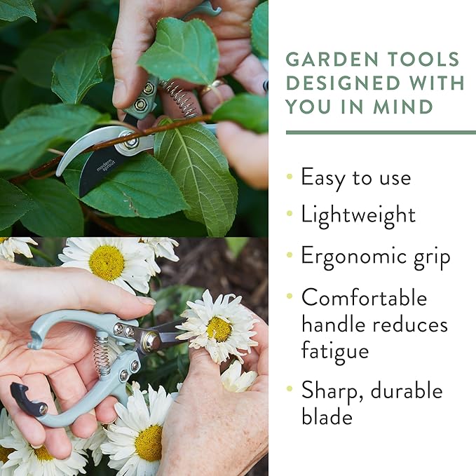 Modern Sprout Hand Pruners & Shears Set - Lightweight Gardening Tools W/Easy Lock - Sharp Carbon Steel Blades -Rust Resistant Scissors for Herbs, Flowers - Reusable Holster - Ocean