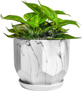 Large 7 Inch Marble White Plant Pots Planters with Saucer Tray, Mesh Pad, Drainage Hole and Stopper, Hand Glazed Flower Pot, Garden Indoor Outdoor Planter, Modern Home Decor (Ceramic, White)