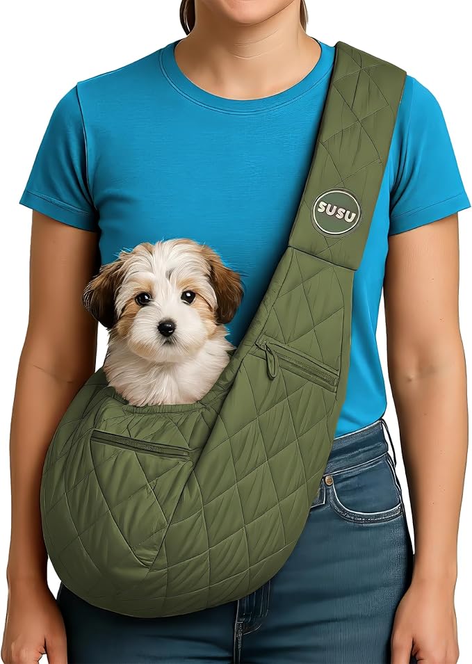 Small Dog Carrier Sling – Olive Green Hands‑Free 2‑in‑1 Sling & Handheld Carrier for Dogs up to 10 lbs, Parachute‑Grade Rip‑Stop Nylon, 4″ Padded Strap, Safety Tether & Pockets