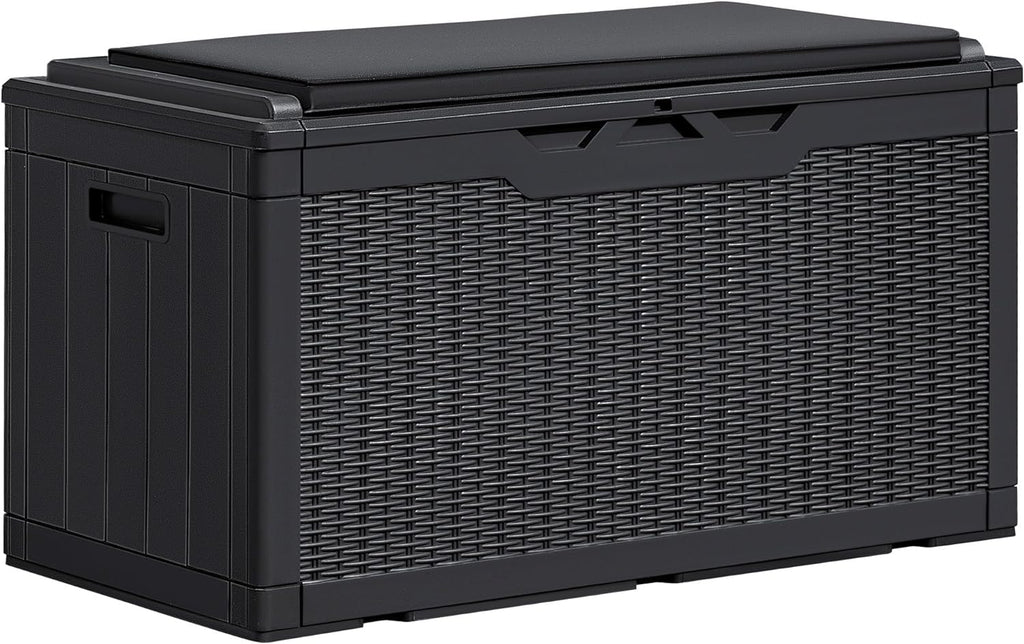 Greesum 100 Gallon Resin Deck Box Large Outdoor Storage Boxes with Cushions for Garden Tools, Patio Furniture Pillows, Pool Supplies, Black