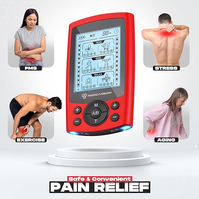 TENS Unit Muscle Stimulator, Electronic PMS Pulse Massager Machine for Shock Physical Therapy, Back Pain Relief, Shoulder Recovery, Red