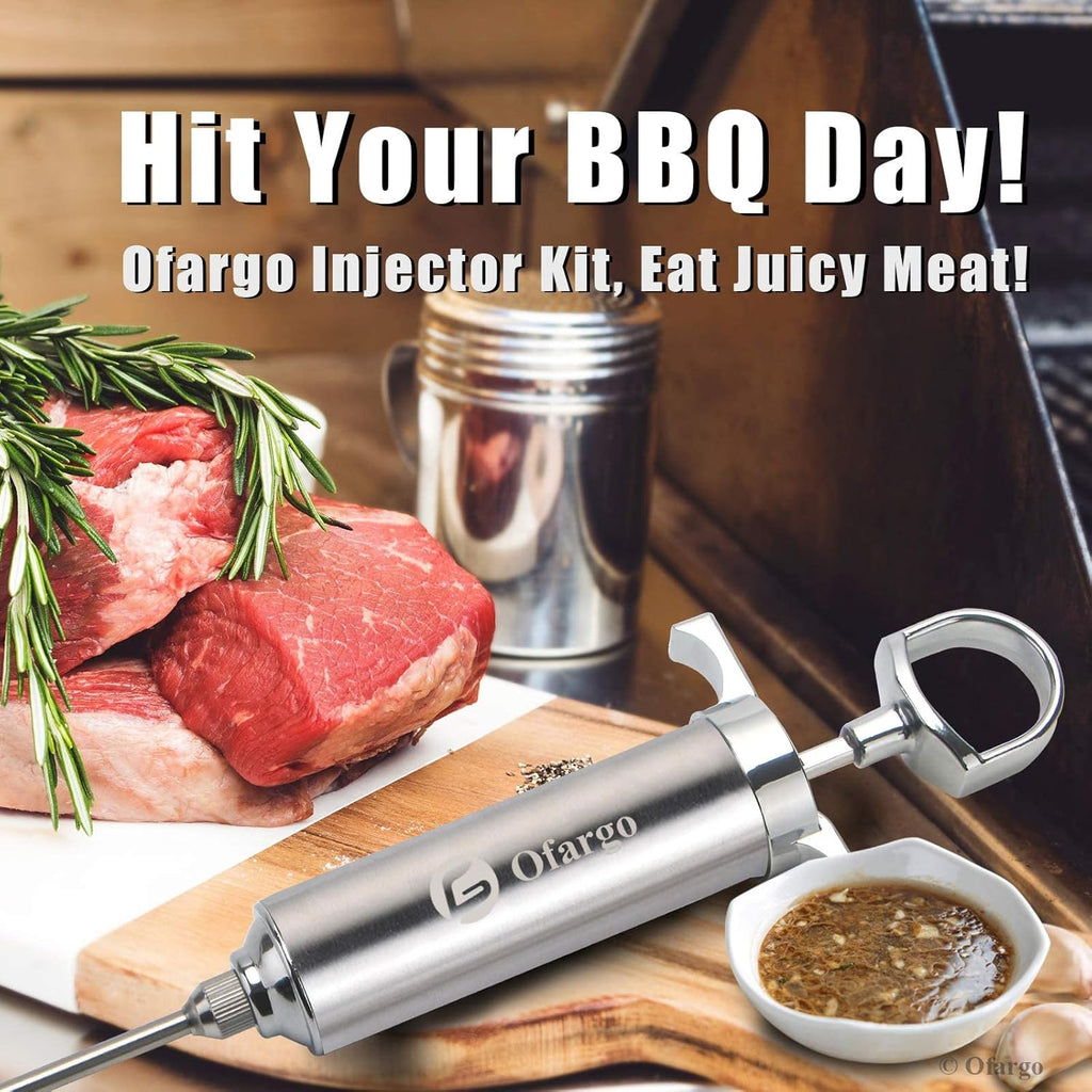 Stainless Steel Meat Injector Syringe Kit with 4 Marinade Needles for BBQ Grill Smoker, 2-oz Large Capacity, Both Paper User Manual and E-Book Recipe