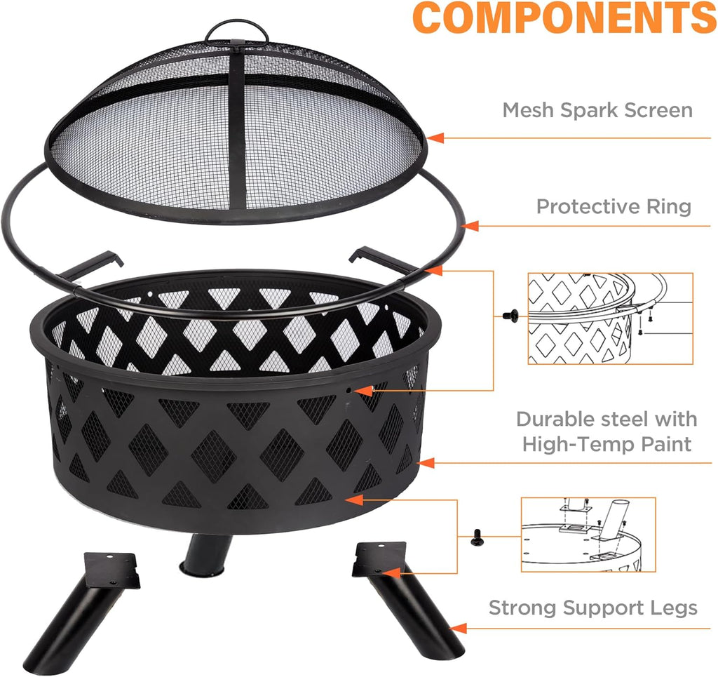 Red Mountain Valley 30'' Outdoor Wood Burning Fire Pit, 2-in-1 Large Round Fire Pit for Outside, Outdoor Fireplaces with Spark Screen, Fire Poker, Cover, Ideal for Patio, Backyard, Camping, Picnic