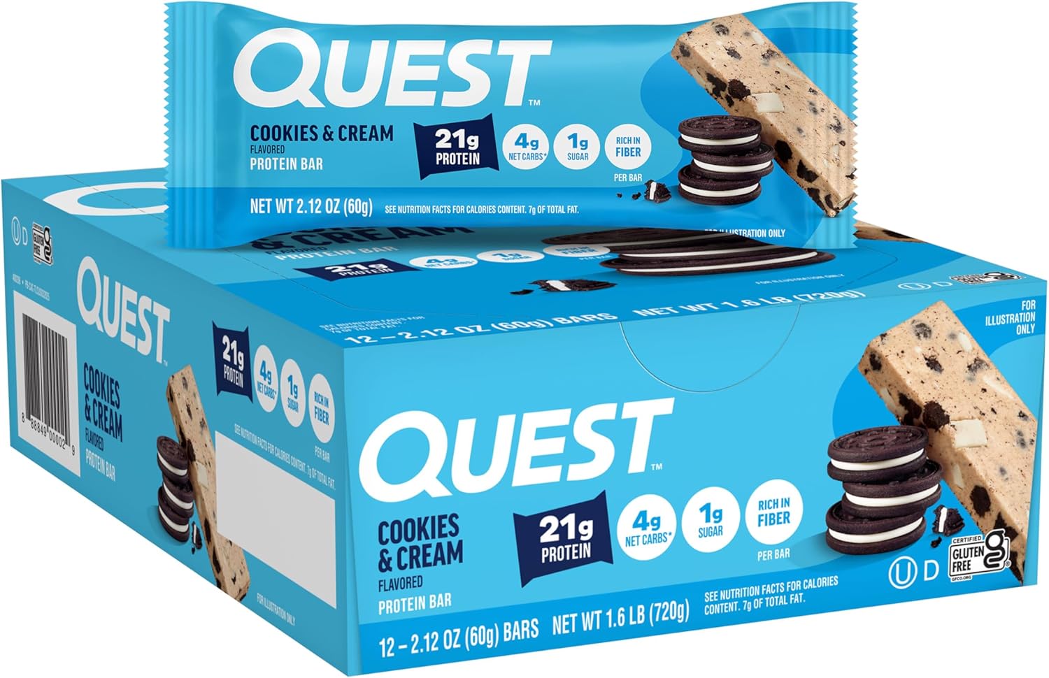 Quest Bar Cookies & Cream, 2.12 oz, Case of 12