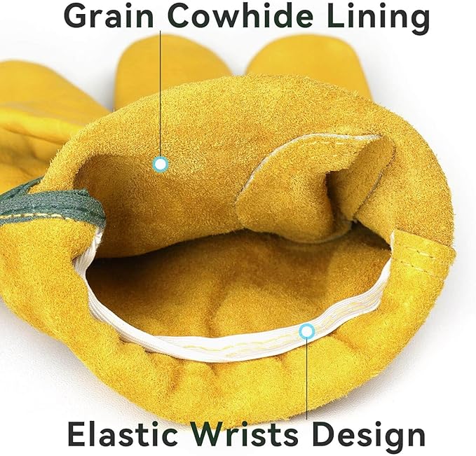 OZERO Leather Work Gloves Flex Grip Tough Cowhide Gardening Glove for Wood Cutting/Construction/Driving/Garden for Men and Women 1 Pair (Gold,Large)