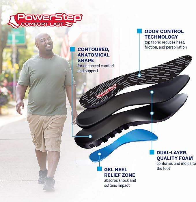 PowerStep Comfort Last Insoles, Cushioning Gel Insoles for Standing All Day, Supports Metatarsal Pain, Foot Arch, Heel Pain, All Day Comfort, Made in The USA (Men's 3-4.5 / Women's 5-6.5)