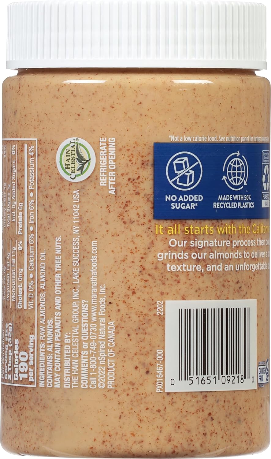 Maranatha Natural Foods Raw Almond Butter, Creamy, No Salt, 16 oz., Pack of 6