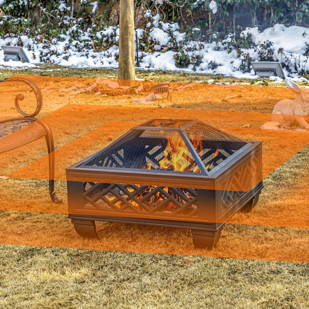 Breezz 26 Inch Wood Burning Fire Pit with Cooking Grill and Spark Screen, Outdoor Metal Firepit for Patio, Backyard, Bonfire Party, Camping and Garden