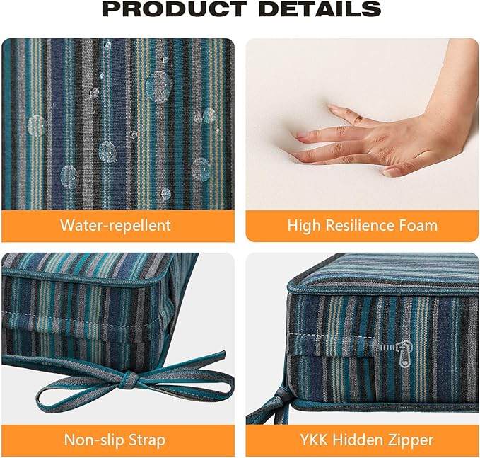 Sunbrella Square Corner Seat Cushions, 19" x 19" x 3", Set of 4, Indoor Outdoor Water Repellent Universal Chair Pads with Ties for Patio Furniture, Garden Dining Chairs, Troupe Dock