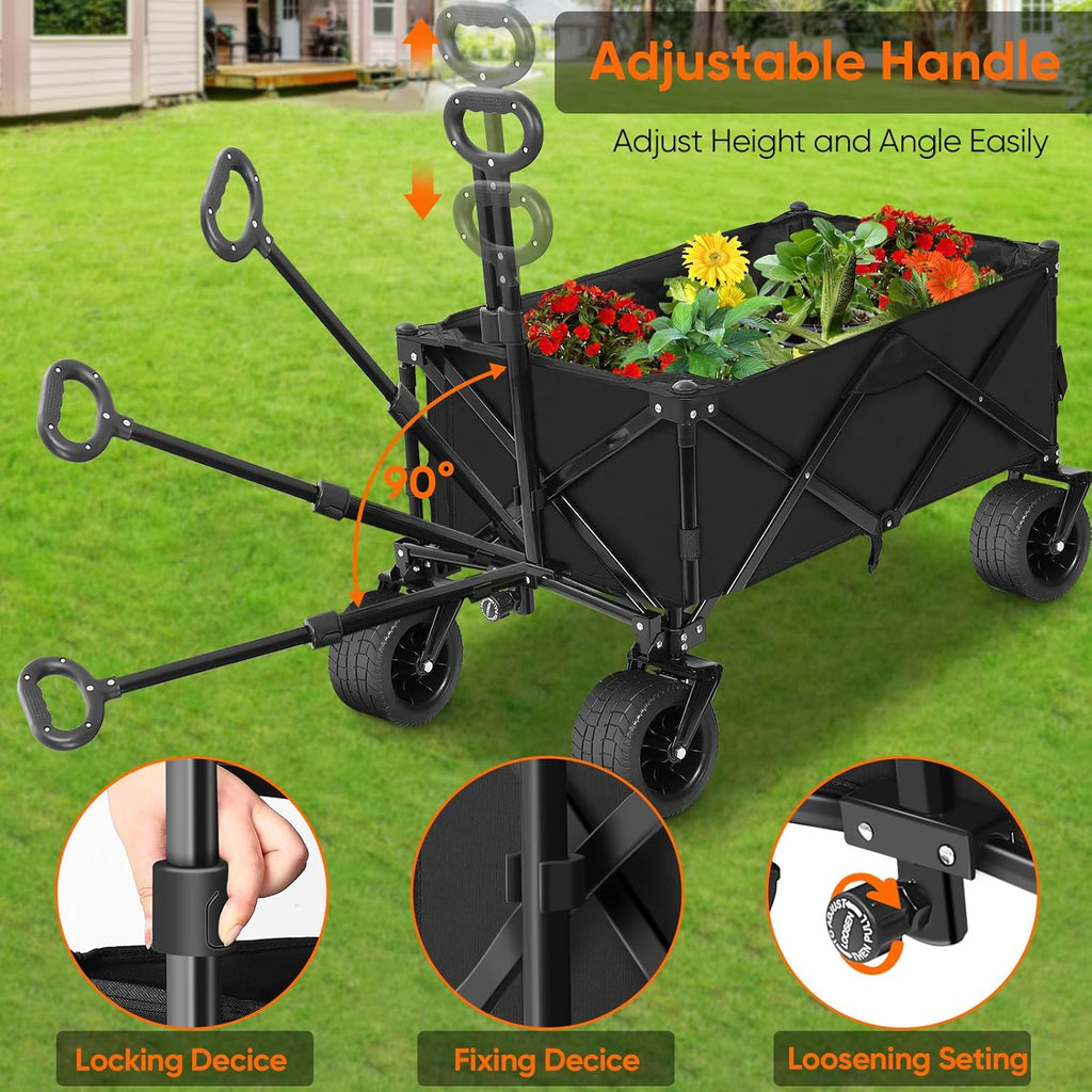 Collapsible Wagon with Table, Large Capacity Foldable Wagons Carts, Beach Wagon with Big Wheels, Heavy Duty Beach Car Utility Wagon for Outdoor Park, Shopping, Sports, Camping, Garden