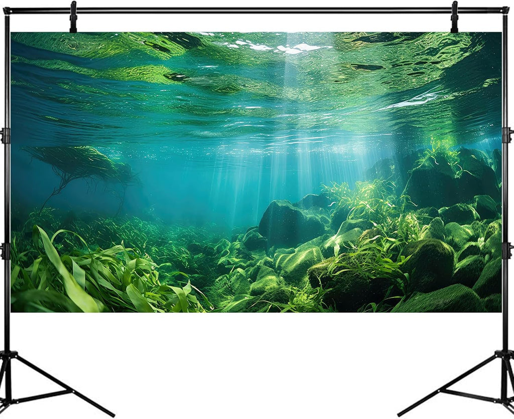 Under The Sea Fish Tank Background Aquatic Plants Deep Sea Aquarium Background Underwater Sunray Rock with Moss Terrarium Backgrounds Deep Ocean Floor Tropical Fish Tank Backgrounds 48x20in