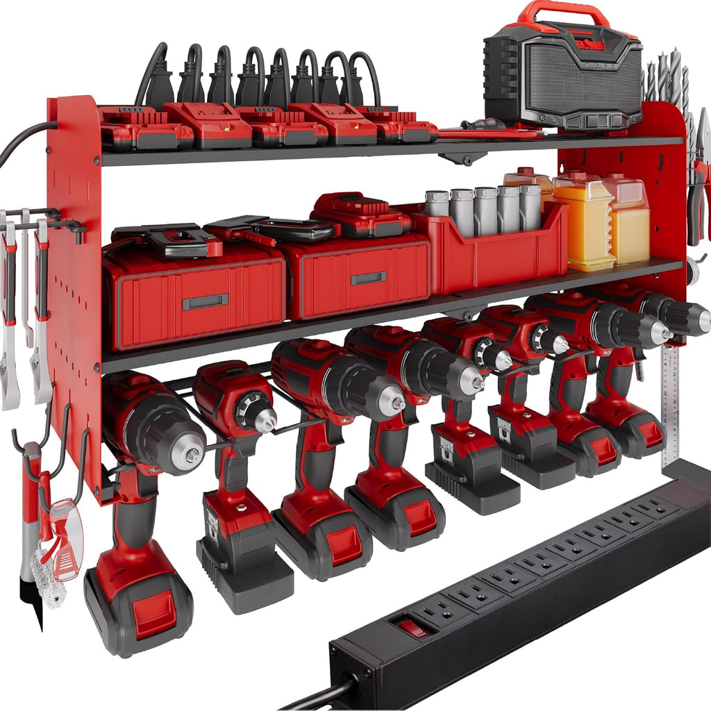 Suchtale Power Tool Organizer with Charging Station,33.2" Garage 8 Drill Holders Wall Mount,3 Layers Heavy Duty Metal Tool Shelf Built in 8 Outlets Power Strip, Gift for Men, Father, Red