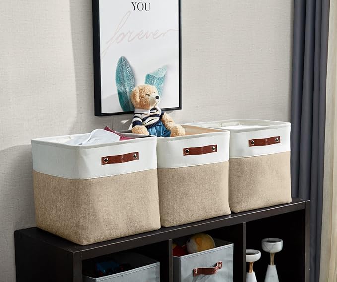 DECOMOMO Storage Cubes, 11x11 Cube Storage Bins, Baskets for Shelves (Beige & White, Cube 11" - 4 Pack)