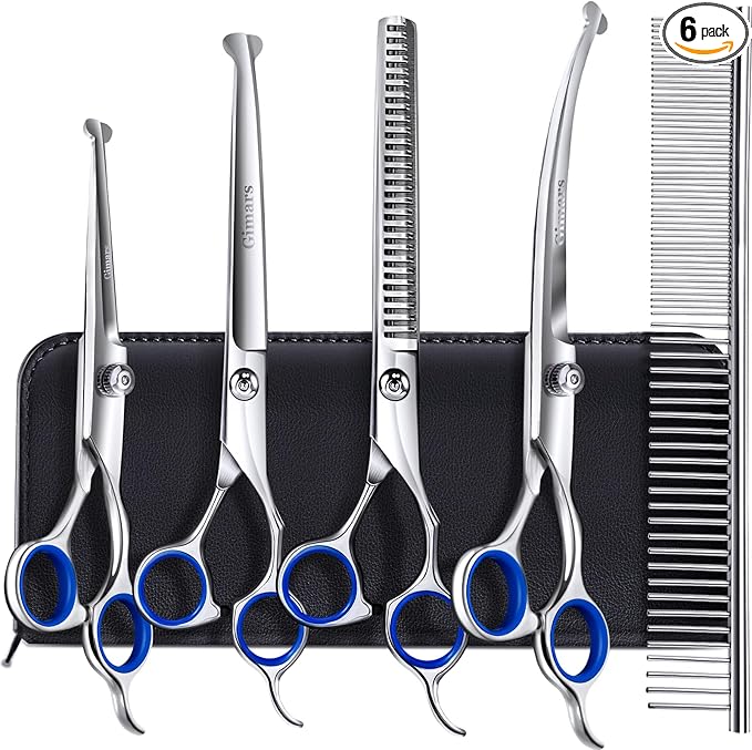 Gimars Titanium Coated Professional 6 in 1 4CR Stainless Steel Dog Grooming Scissors with Safety Round Tip, Heavy Duty Pet Grooming Scissor for Dogs, Cats and Other Animals