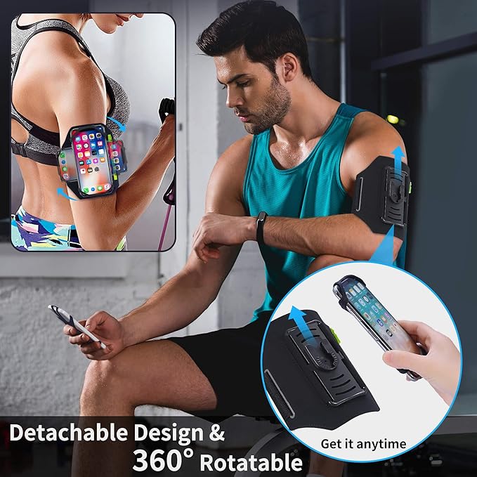 Detachable & 360° Rotatable Running Armband -with Reflective Strap Zipper Pocket & Earphone Bag for iPhone 16 15 14 Pro Max Plus Samsung Galaxy – Workout Exercise Phone Holder with Card Key Slot