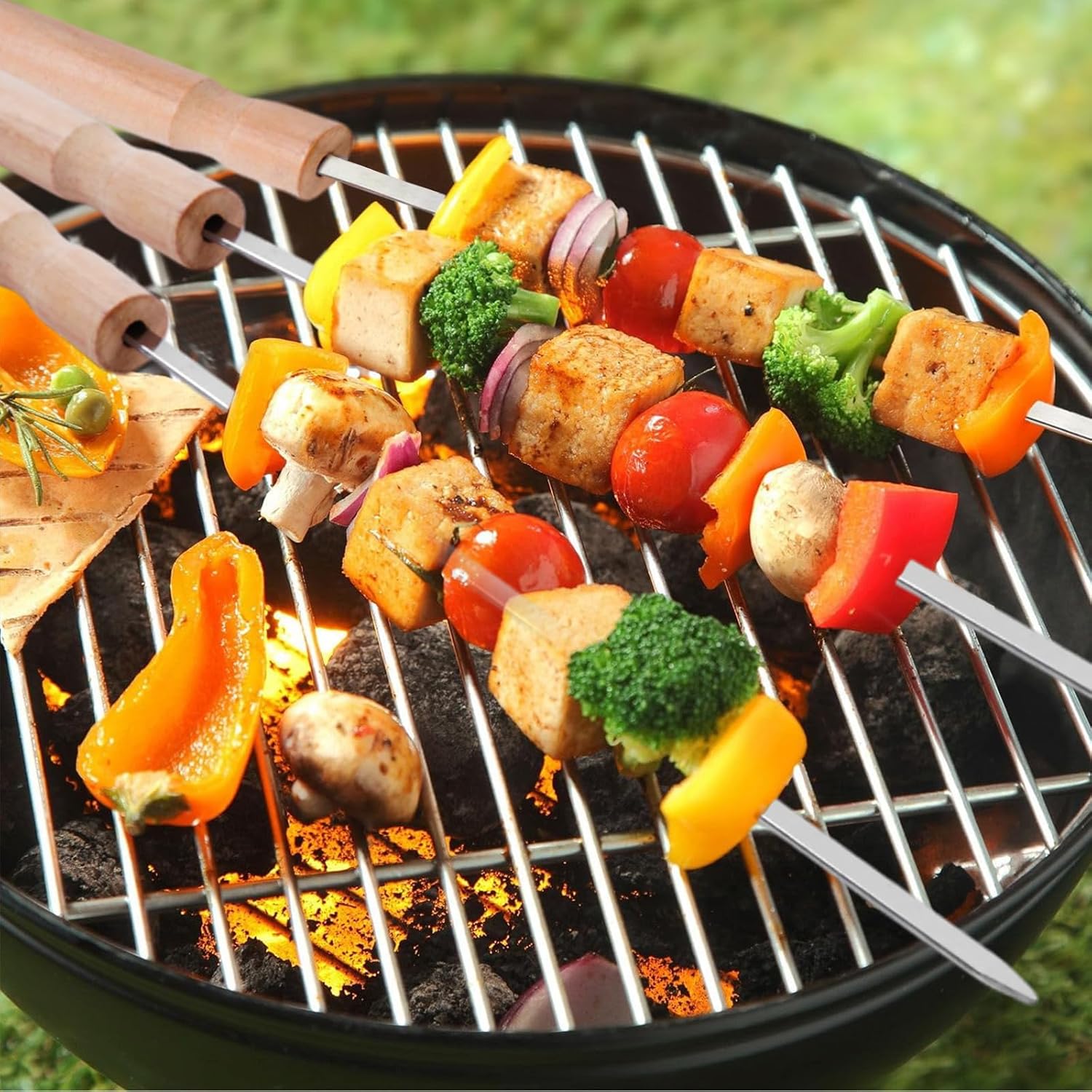 10 Pcs Kabob Skewers, 16IN Metal Skewers for Grilling, Premium Stainless Steel Flat Kebabs, with Wooden Handles Insulated Reusable BBQ Set