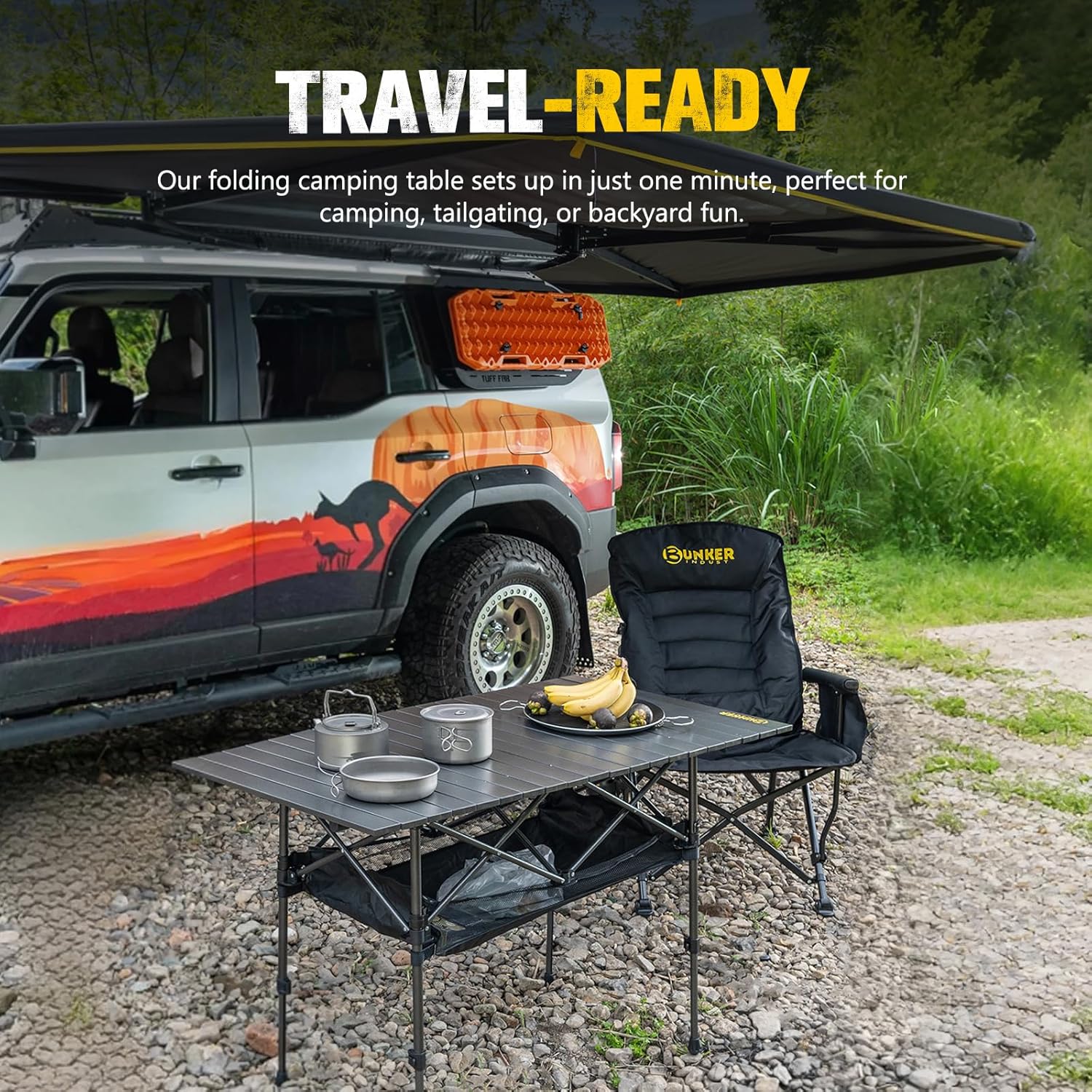 BUNKER INDUST Folding Camping Table, Outdoor Portable Roll-Top Aluminum Table with Carry Bag for Picnic,Beach,BBQ,Backyards, Adjustable Height