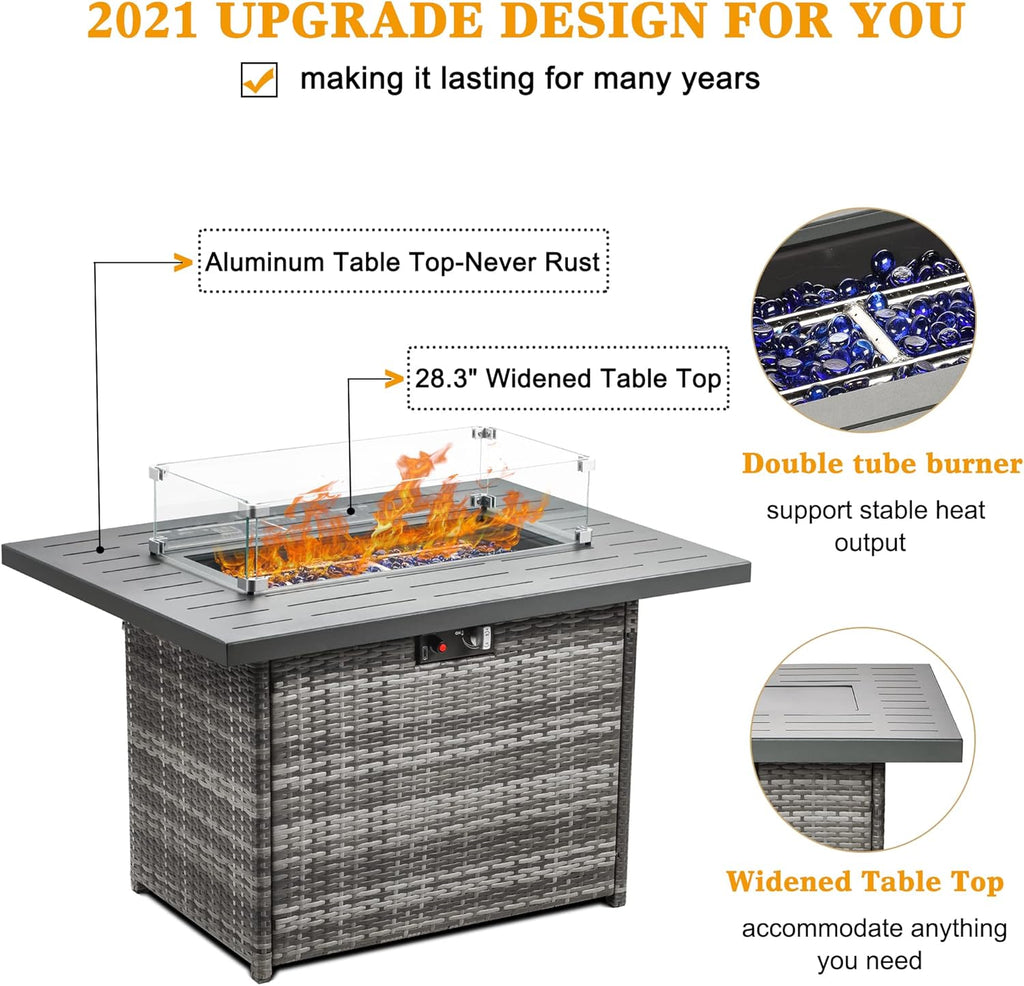 LayinSun 44" Propane Gas Fire Pit Table, 55000 BTU Rectangular Fire Pit with Glass Wind Guard for Outside Patio Deck Garden Backyard Gray-Aluminum Top