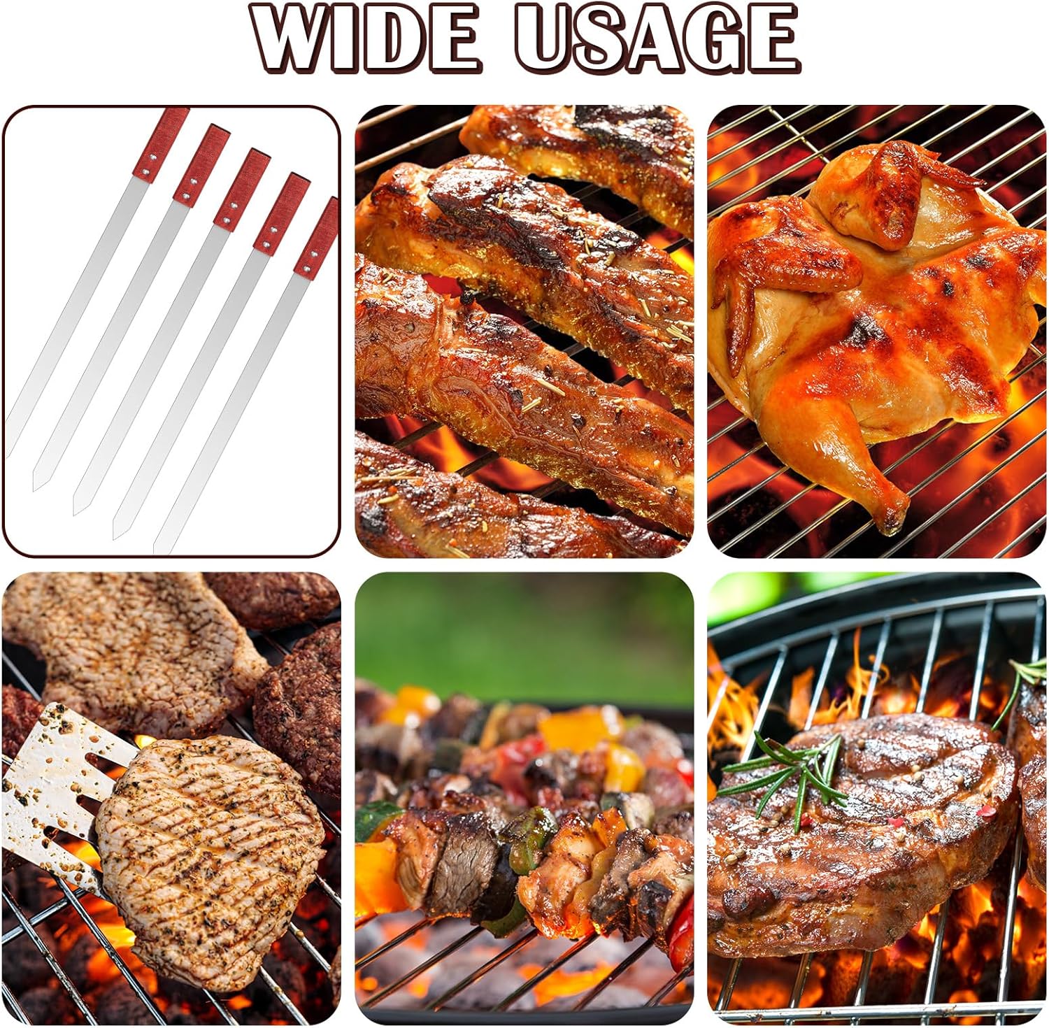Zhehao 16 Pcs Heavy Duty Kabob Skewers 1 Inch Wide 2 mm Thin Kabob BBQ Stainless Steel Metal Skewers for Grilling with Wooden Handles, Silver(23 Inch Long)