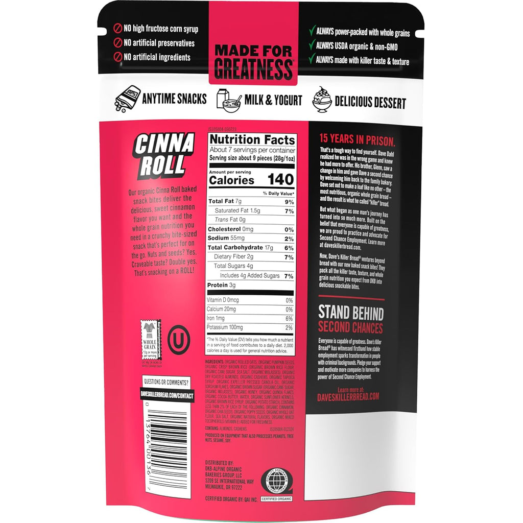 Daves Killer Bread, Organic Cinnamon Roll Crunchy Bites (Case of 6 7.2 Oz)