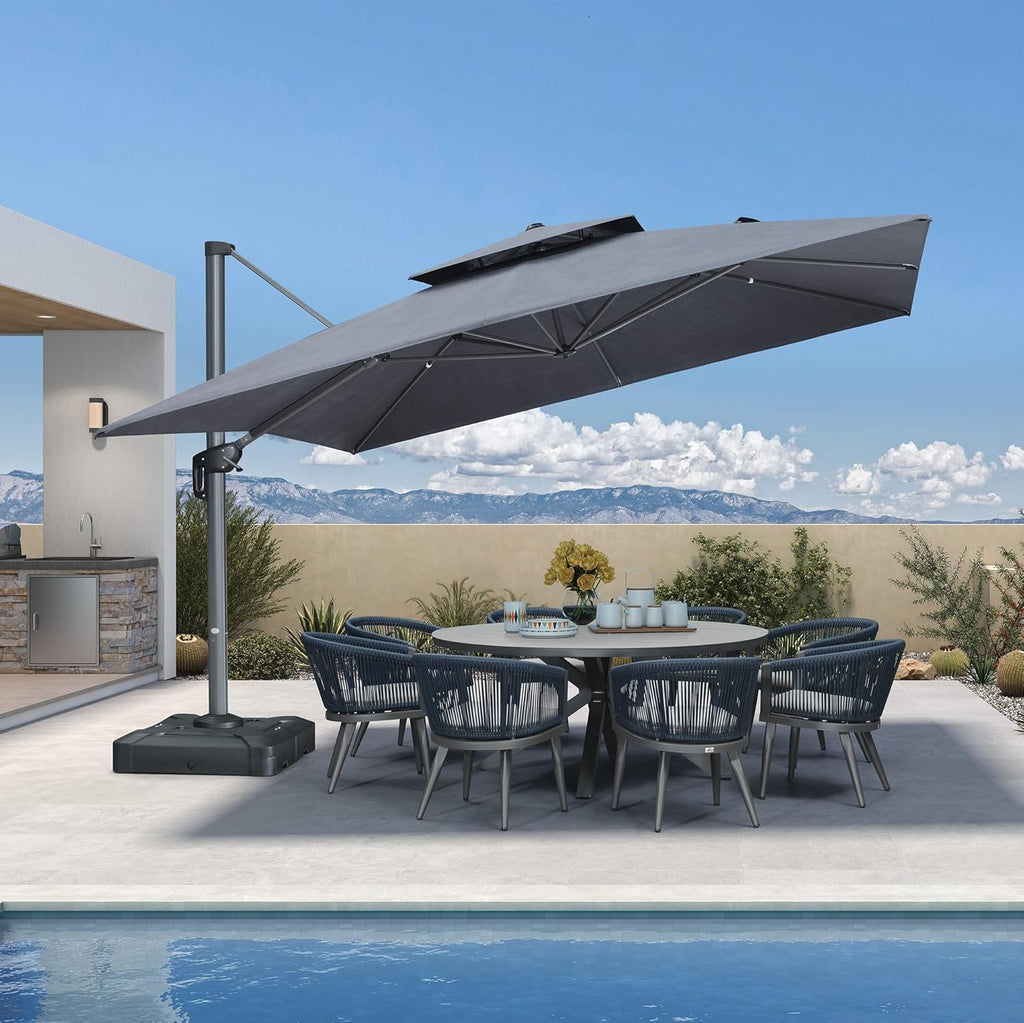 PURPLE LEAF Cantilever Umbrella 12FT Heavy Duty Large Double Top Offset Hanging 360° Rotation Square Umbrella for Garden Patio Deck Pool Backyard Cast Slate