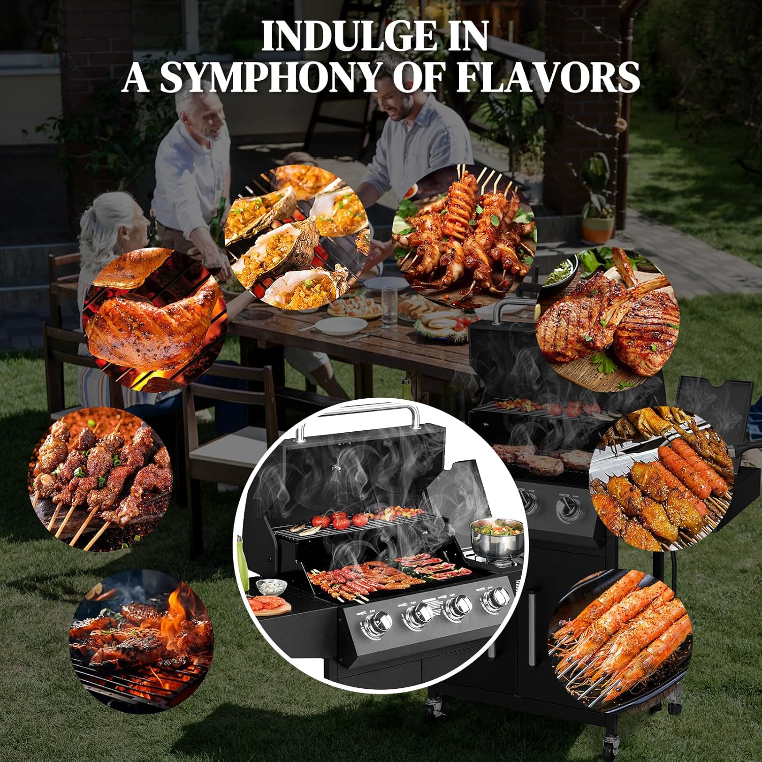 ROVSUN 4-Burner Propane Gas BBQ Grill with Side Burner & Enameled Cast Iron Grates, 58,000 BTU Barbecue Grill with Wheels for Outdoor Patio Backyard Cooking Grilling, Black