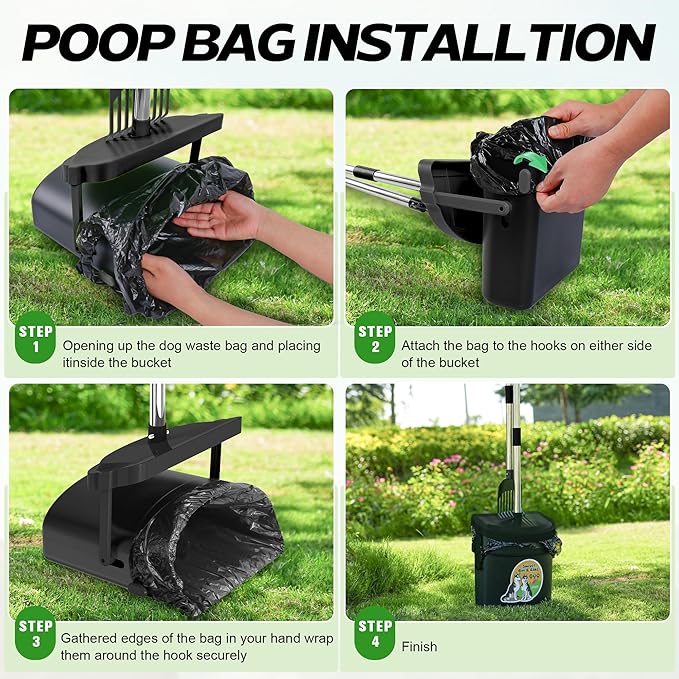 UPSKY Dog Pooper Scooper Swivel Bin & Rake Kit with 100 Waste Bags,33.4" Stainless Steel Long Handle Heavy Duty Pet Poop Shovel for Large Medium Small Dogs, Odor-Proof Lid for Yard/Lawn/Outdoor Use