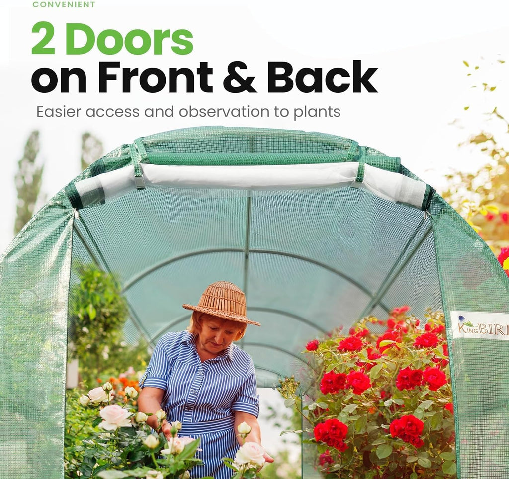 KING BIRD Premium 15x6.6x6.6FT Greenhouse for Outdoors, Large Walk-in Heavy Duty Galvanized Steel Frame, Mesh Door Screen Window Upgraded Zipper Tunnel Hoop for Garden Plant Winter, Green