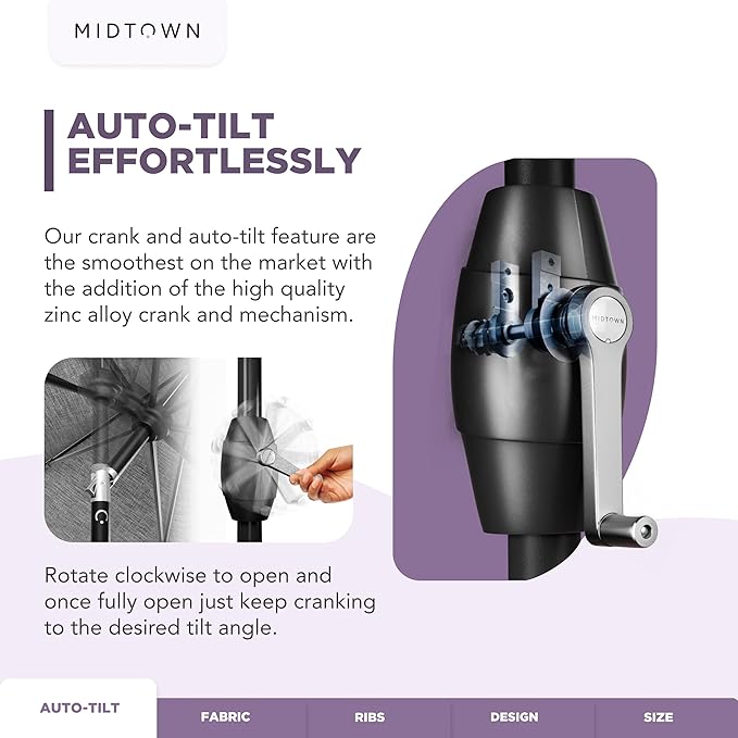 Midtown Umbrellas 10-Year-No-Fade - 9 Ft - UV Proof Purple Polyester Fabric - Umbrella Outdoor Patio, Auto-Tilt Aluminum Frame Patio Umbrella for Garden, Pool & Deck - Black Pole