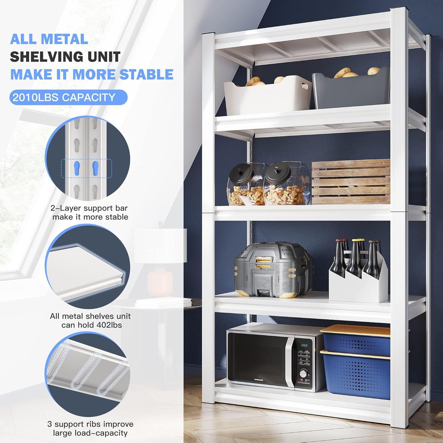 Raybee 72''H Garage Shelving Heavy Duty Storage Shelves Load 2010LBS Adjustable 5 Tier Metal Shelving White Garage Sheves Pantry Shelf for Kitchen Closet 72''H*31.7''W*16.3''D
