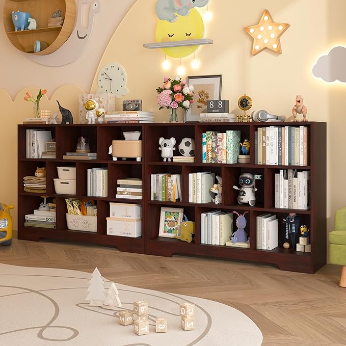 Book Shelf, 10 Cubes Storage Organizer, 3-Tier Open Shelf Wooden Bookcase, Freestanding Cherry Bookshelf Cube Shelf for Bedroom, Living Room, Home Office