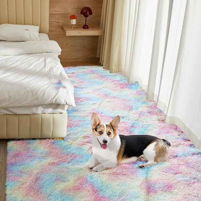 Ultra Soft Rug for Living Room, 4X6 Fluffy Shag Area Rug for Bedroom, Modern Shaggy Carpets Fuzzy Rug for Teens Dorm Nursery Home Decor Aesthetic, Upgrade Anti-Skid Durable, Rainbow