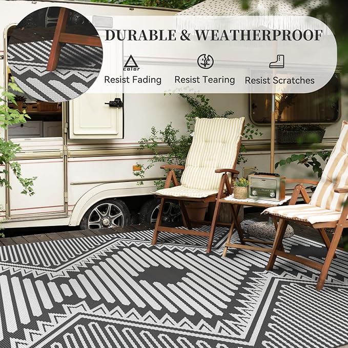 MontVoo Outdoor Rug-Waterproof Camping Rug Patio Rug Mat 6x9 Reversible Plastic Straw Outside Outdoor Rug for RV Camping Picnic Beach Balcony Backyard Pool Deck Porch Modern Boho Grey