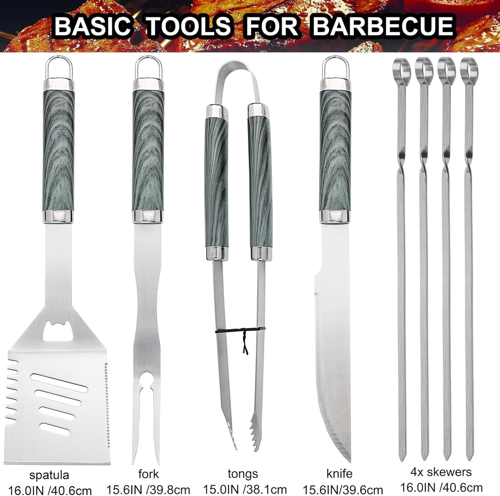 grilljoy 24PCS BBQ Grill Tools Set with Meat Thermometer and Injector - Extra Thick Stainless Steel Fork, Spatula& Tongs - Complete BBQ Accessories in Aluminum Case - Perfect Grill Gifts for Men Grey
