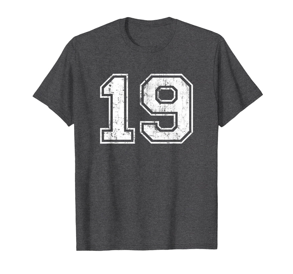 Number 19 Varsity Distressed Sports T-Shirt - Fun Novelty Design Unisex