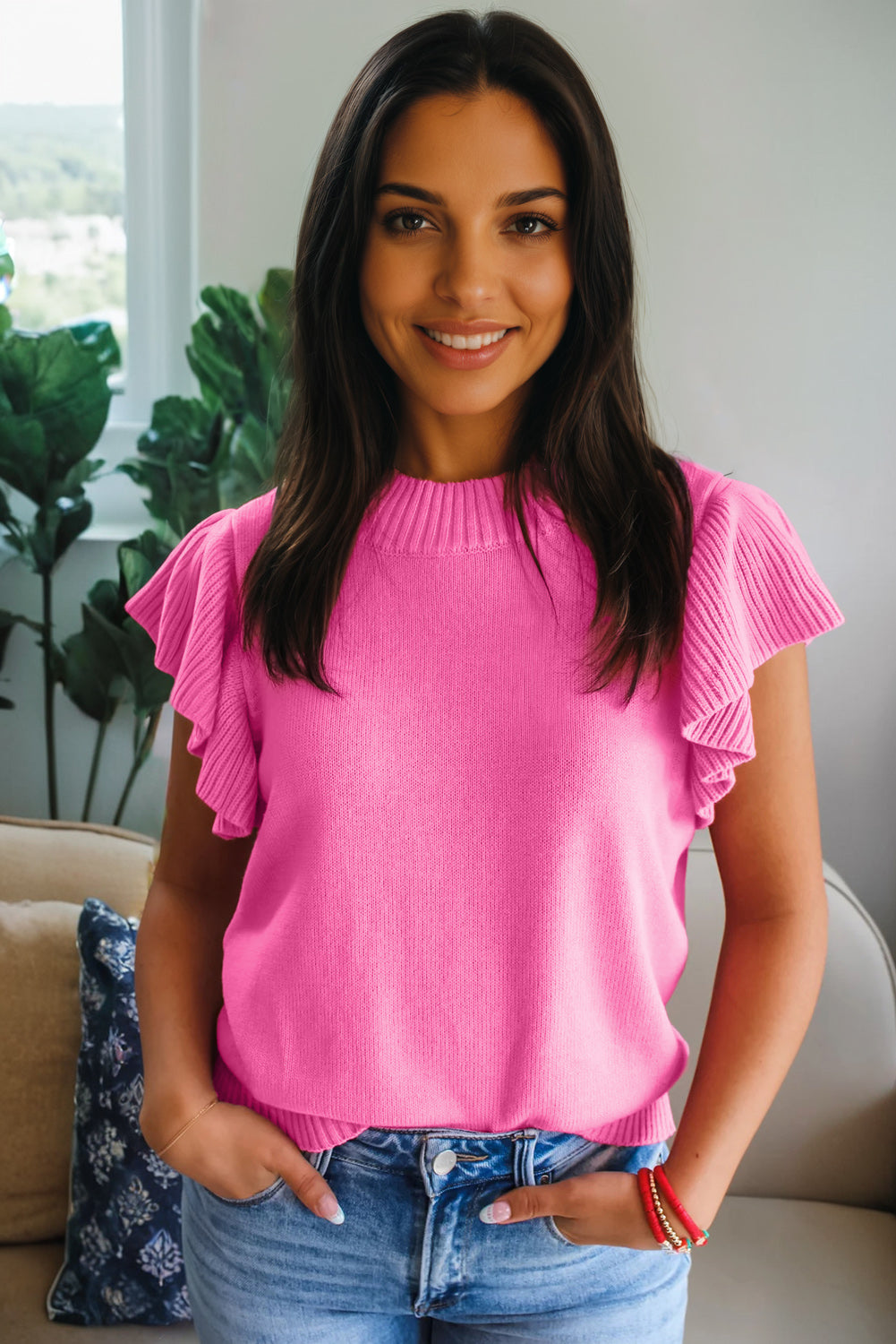Sachet Pink Solid Color Ribbed Trim Round Neck Ruffle Short Sleeve Sweater