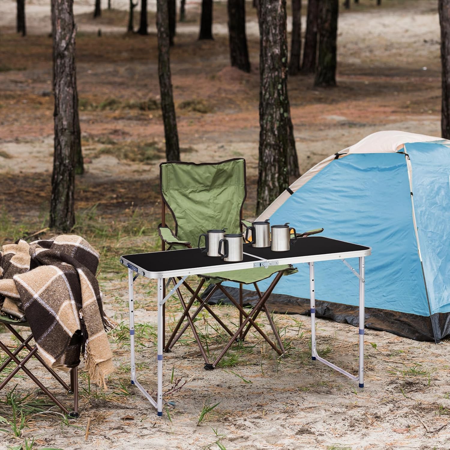 Outvita 4ft Portable Folding Camping Table, Outdoor Waterproof Adjustable Height Table, Aluminum Lightweight Suitcase Foldable Table for Picnic BBQ Beach Dining