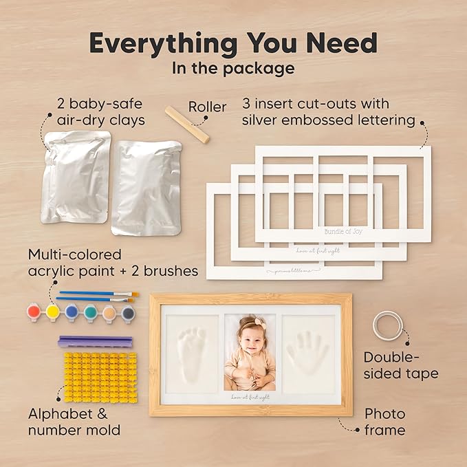 Baby Hand and Footprint Kit - Clay Handprint Keepsake Frame, Newborn Nursery Picture Frame, Personalized New Mom Gifts for Baby Shower & Registry (Bamboo)
