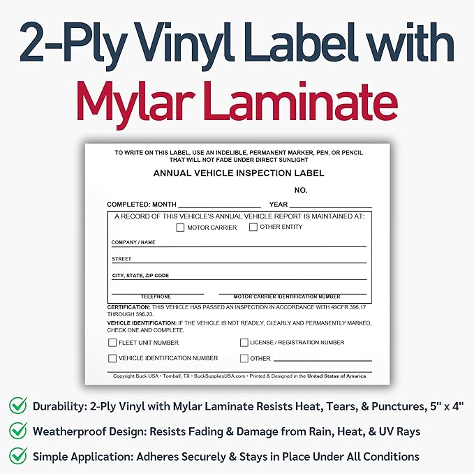 50 Pack Buck Annual Vehicle Inspection Label, 2-Ply Adhesive Vinyl with Mylar Laminate, FMCSA & DOT Compliant, Weatherproof, Tear Resistant, Easy to Write On, 5" x 4" - Made in USA