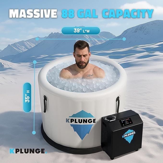 Arctic Fox 39" 1-Person Inflatable Cold Plunge Ice Bath Tub or Hot Tub with PVC Insulated Lid, Hand Pump, Repair Kit, 88-Gallon Capacity – Chiller Compatible Indoor/Outdoor Use Tub – Gray