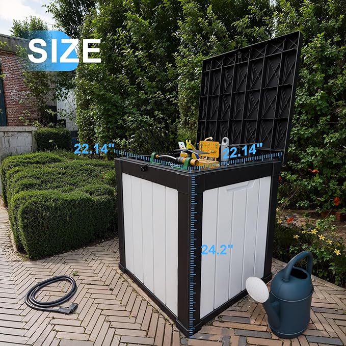 50 Gallon Resin Deck Box, Lockable Outdoor Storage Box for Patio Cushions Storage Furniture,Garden Tools, Pool Supplies, Weatherproof and UV Resistant (Black&White)