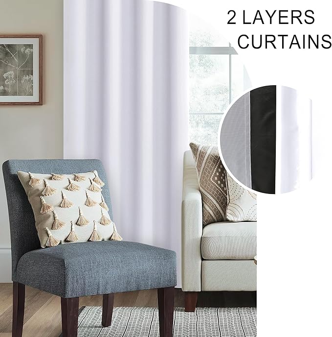 XWZO 100% Blackout Curtains 54 Inches Length with Tiebacks- Rod Pocket Full Shade Window Drapes Thermal Insulated Double Layer with Black Liner for Bedroom/Living Room, White, W42 x L54, Set of 2