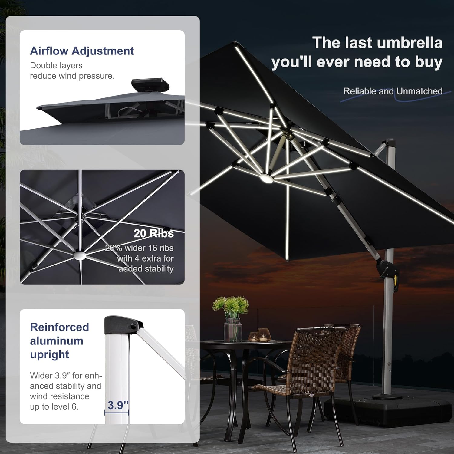 PURPLE LEAF 12 Feet Double Top Deluxe Solar Powered LED Square Patio Umbrella Offset Hanging Umbrella Outdoor Cantilever Umbrella, Grey